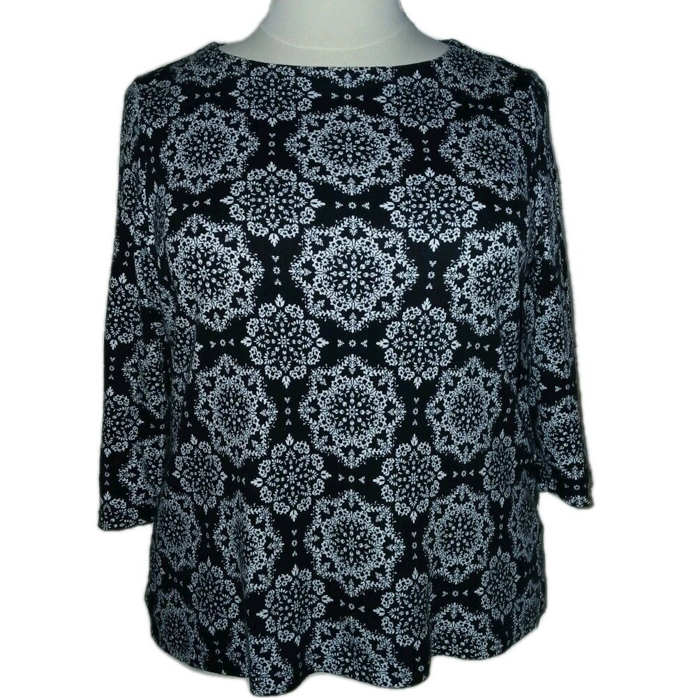 Croft & Barrow Womens XXL 20 Floral Boatneck Cotton 3/4 Sleeve Black T-Shirt Top